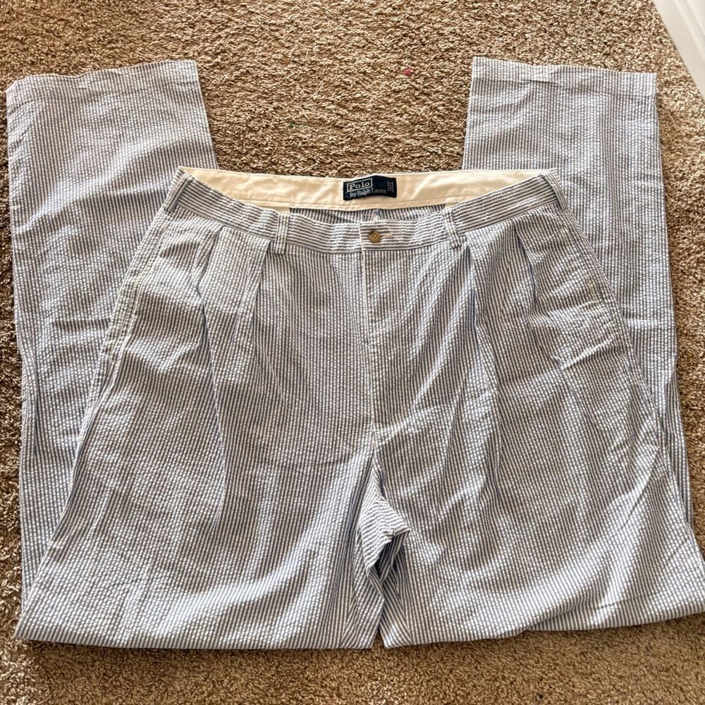 Polo Ralph Lauren Pants Mens 38 X 34 Blue Seersucker Striped Pleated Cuffed